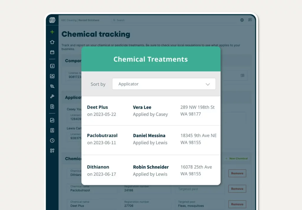 Chemical treatment report in Jobber with details on chemical type, applicator, and client’s property address