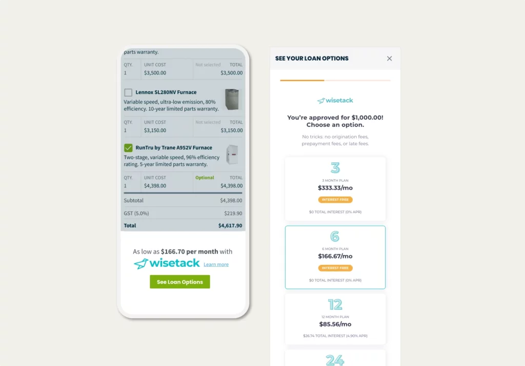 quote_consumer_financing Wisetack consumer financing loan options shown in a Jobber quote
