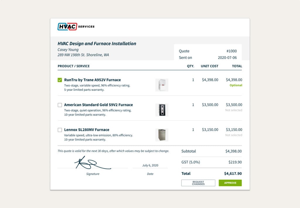 Jobber quote with three package options and product images