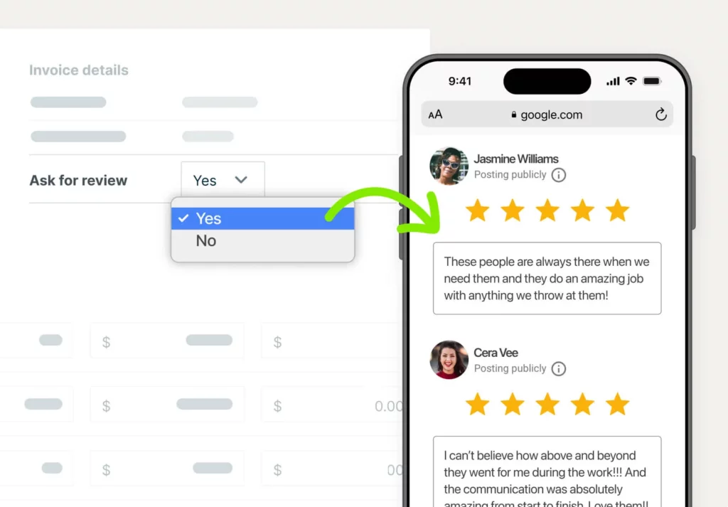 A list of customer reviews on a mobile phone that came from selecting “Yes” for the “Ask for review: option in Jobber Reviews.