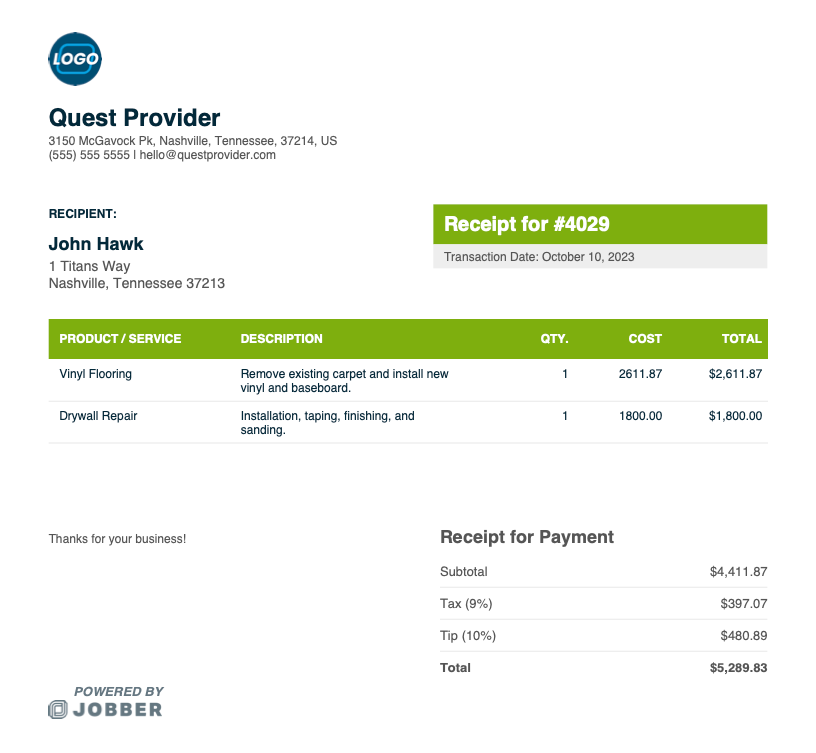 contractor receipt template