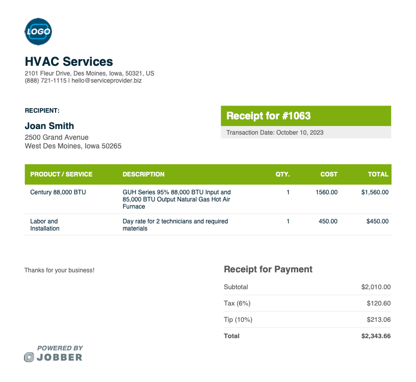 hvac receipt template