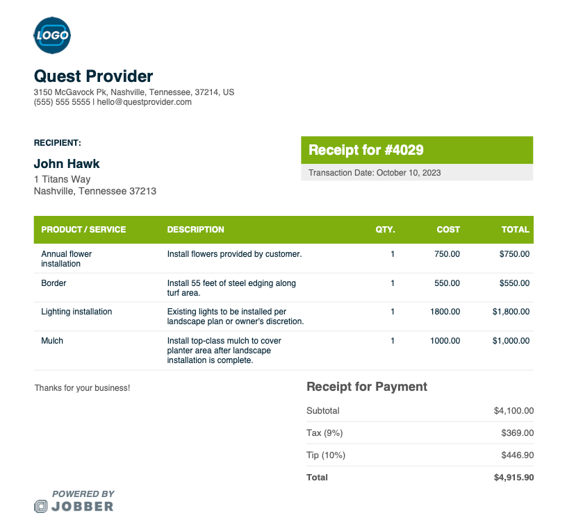 landscaping receipt template