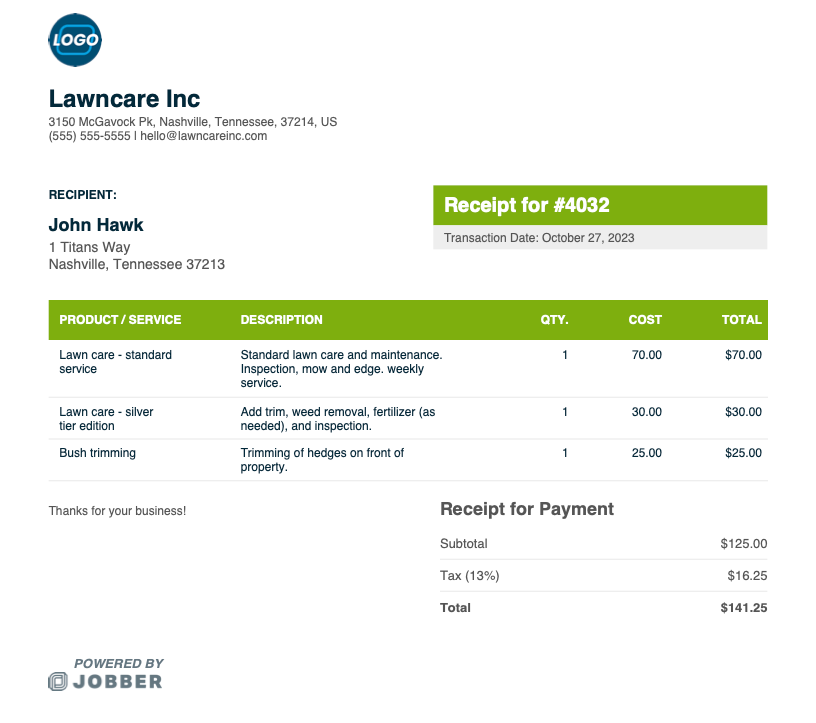 lawn care receipt template