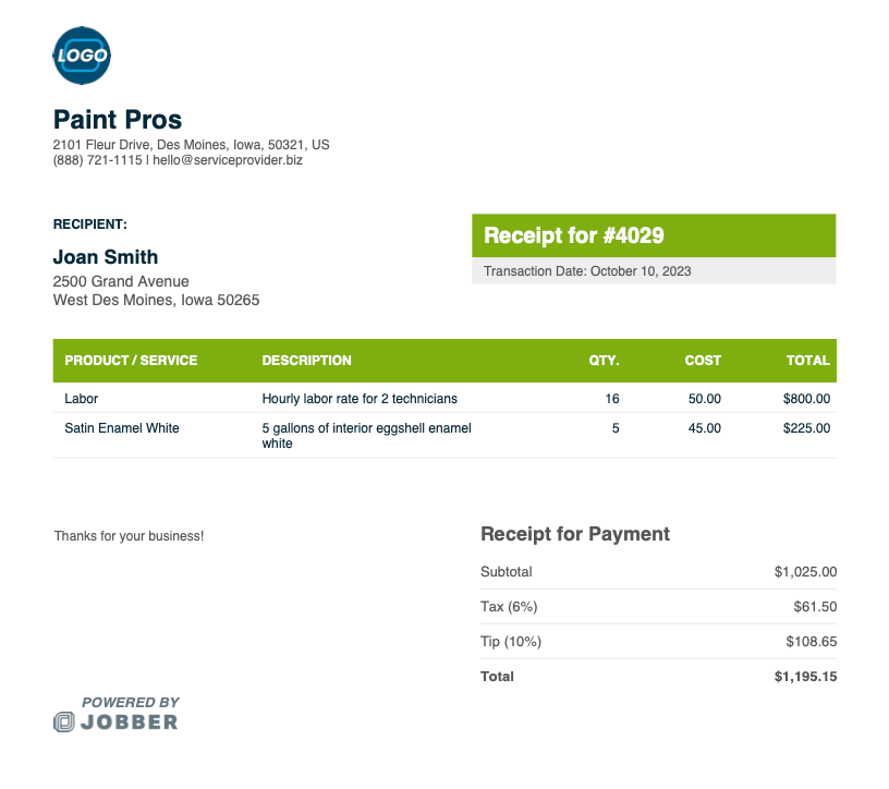 painting receipt template