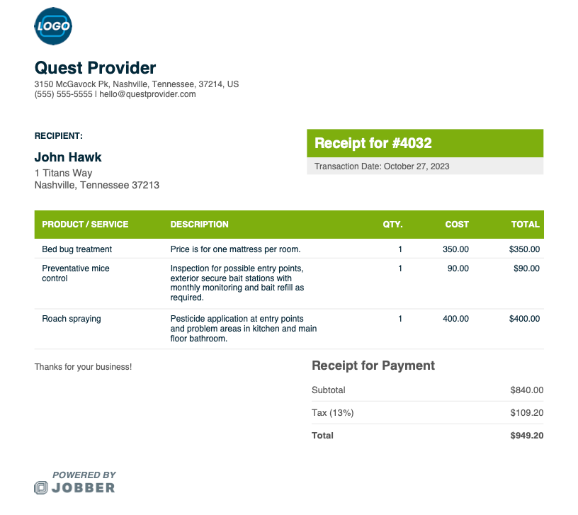 pest control receipt template