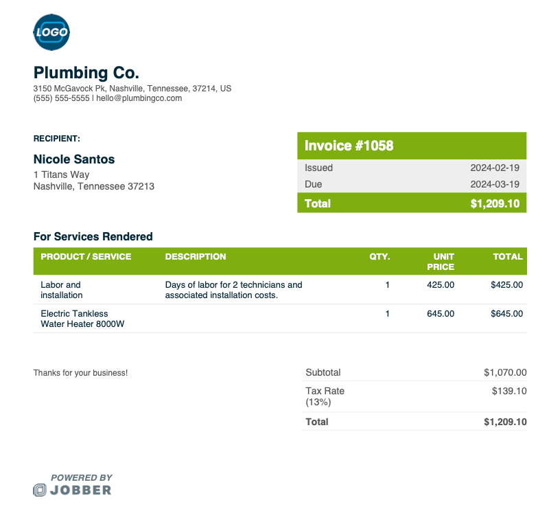 plumbing invoice template