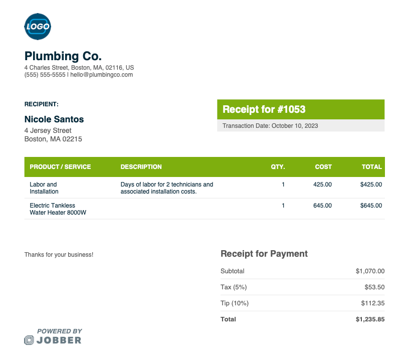 plumbing receipt template