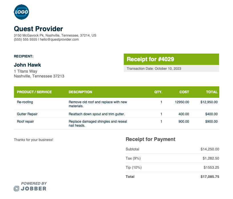 roofing receipt template