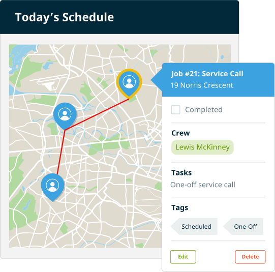 Jobber schedule map view for job routing and route planning software