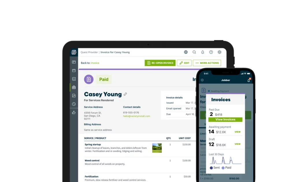 Tablet and phone devices displaying field service invoice software by Jobber