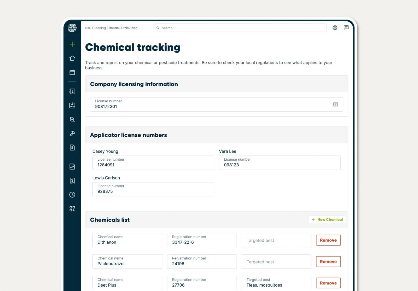 Chemical tracking form in Jobber with fields for every detail on company licensing, application licensing, and chemicals used