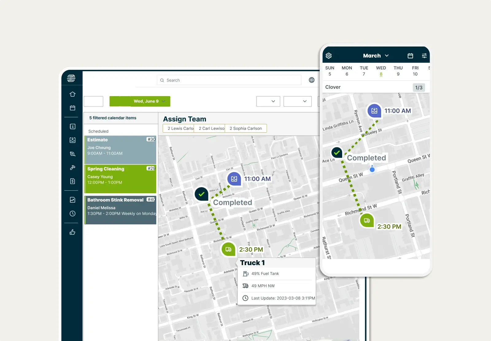 Map and routing view of scheduled visits and completed visits in Jobber's service scheduling software