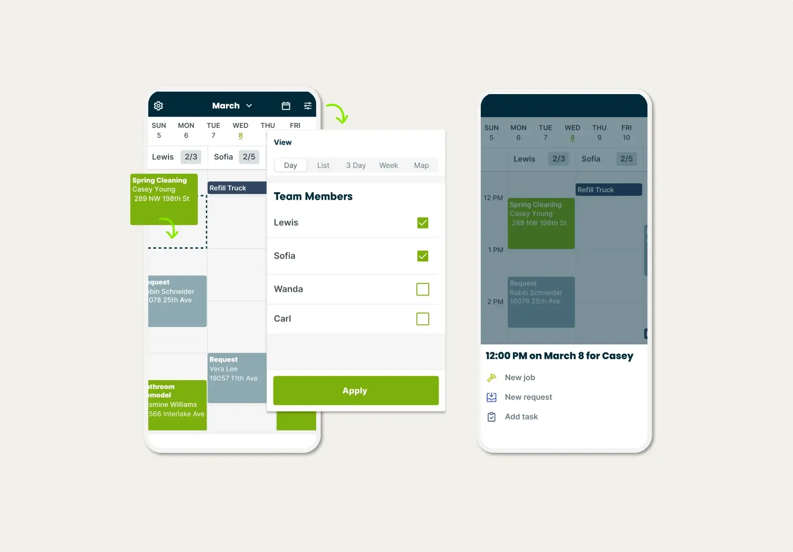 Job scheduling view with assigned team members in the Jobber Mobile App