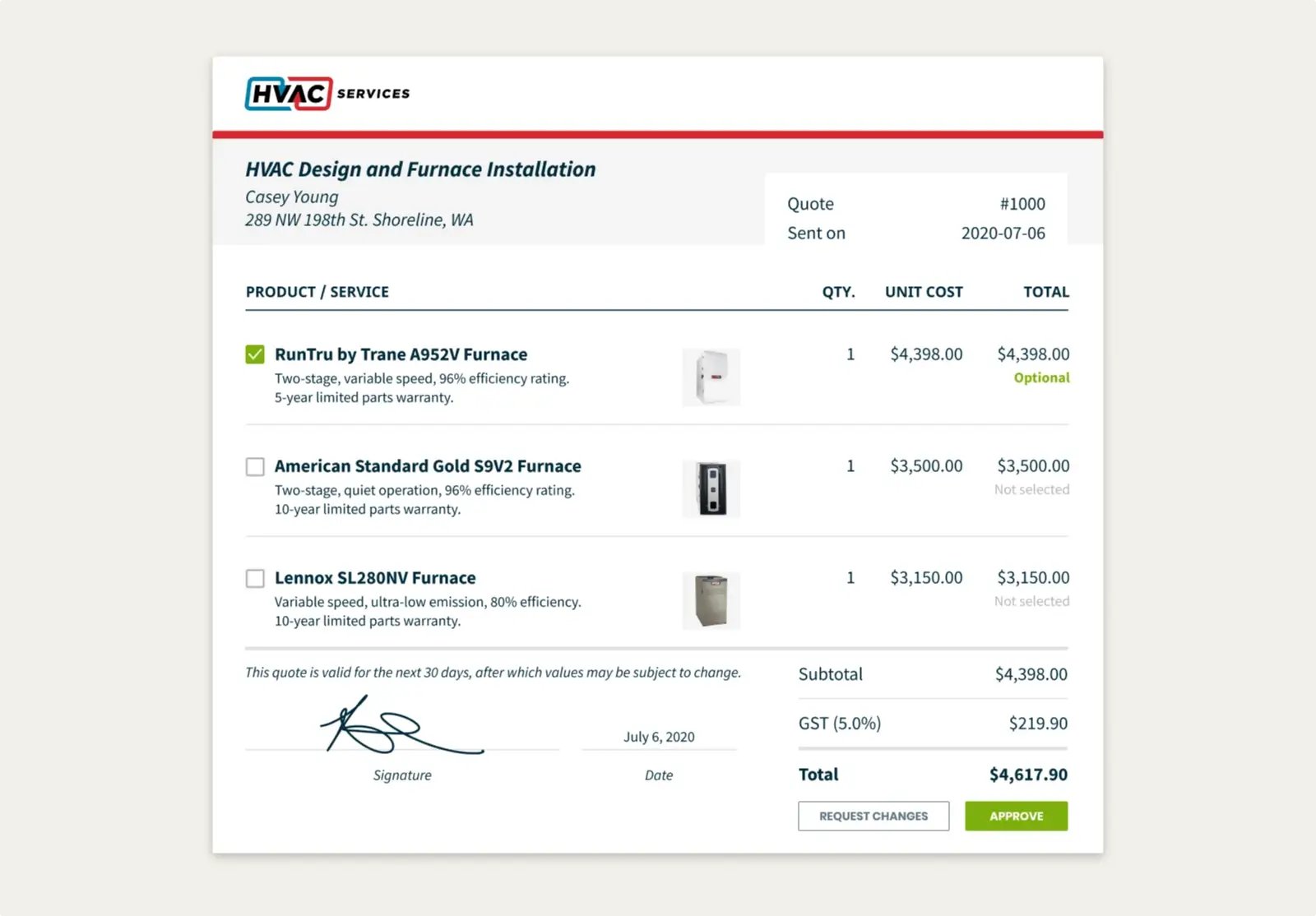 HVAC quote built in Jobber with optional line items and images