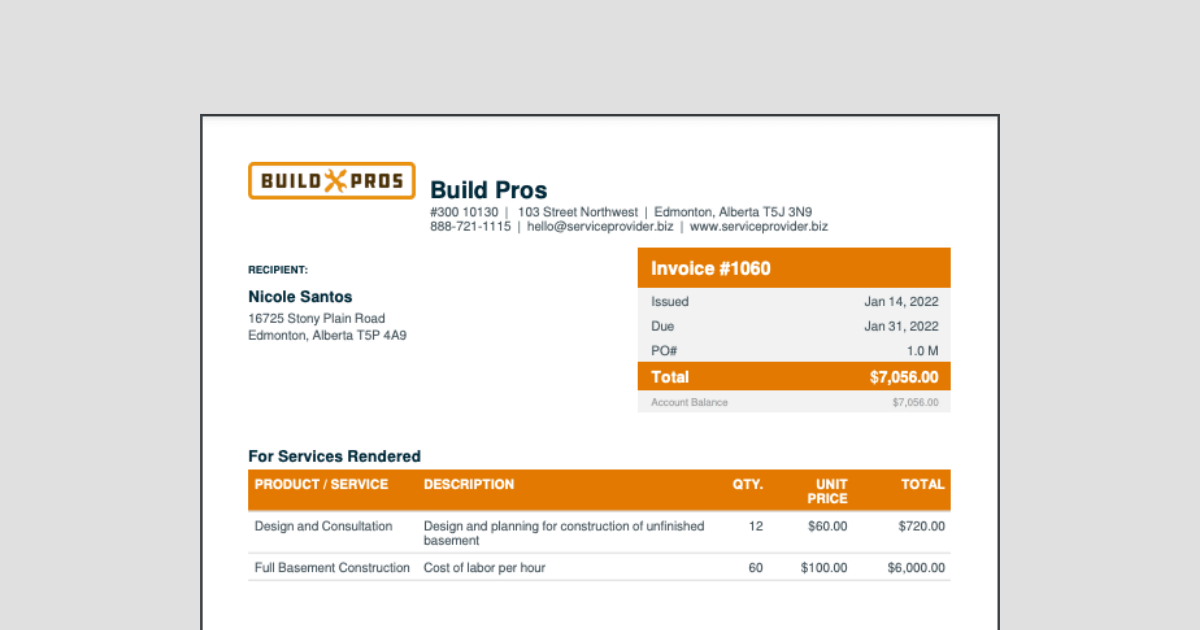 Preview of contractor invoice