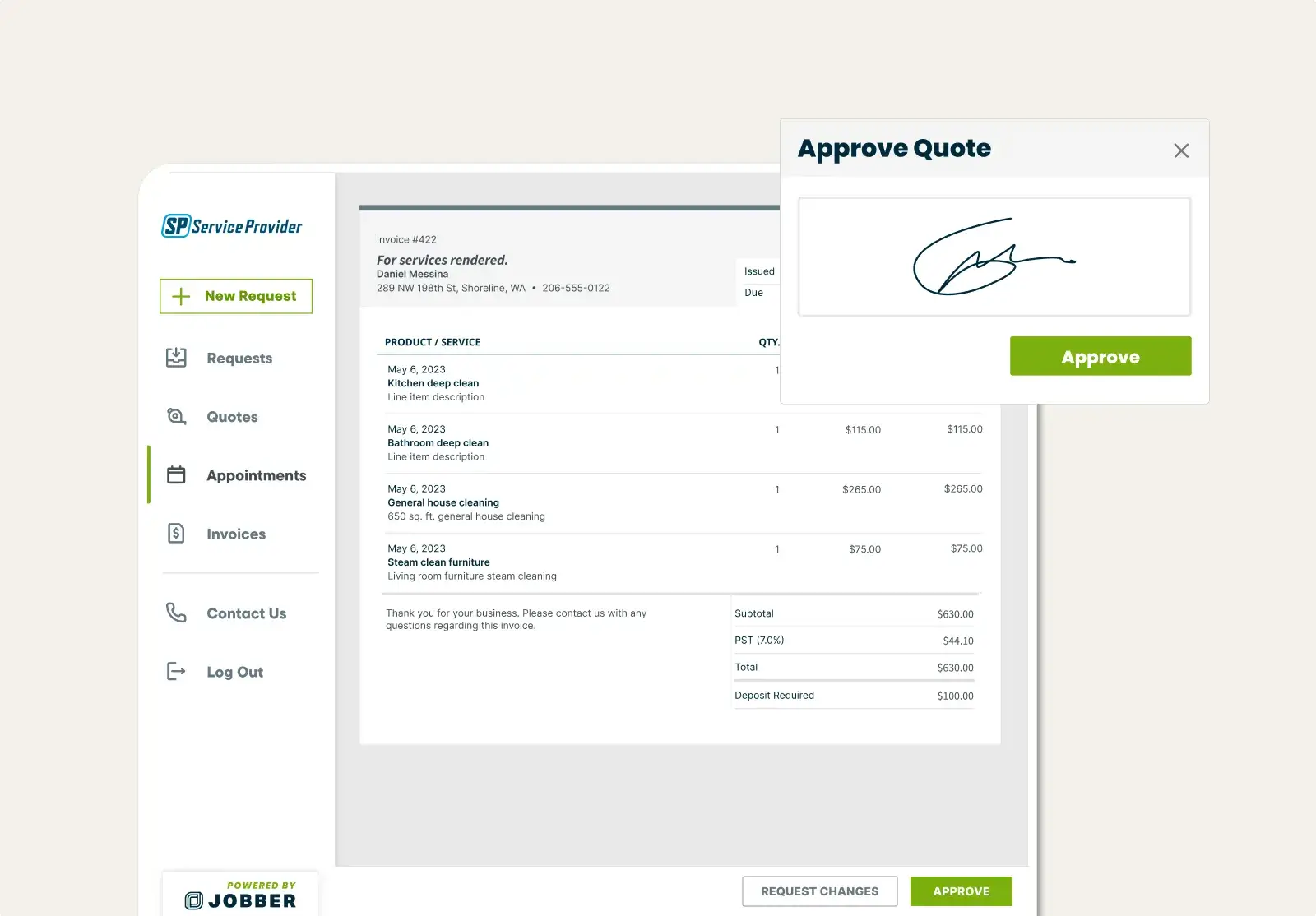 Signature on a quote that’s being approved in Jobber’s client hub
