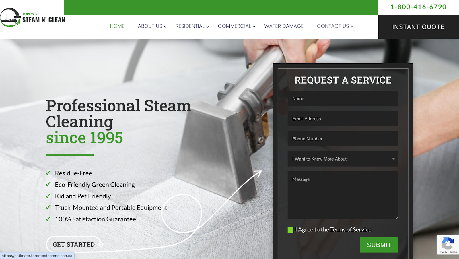 carpet cleaning web design example from Toronto Steam 'n' Clean