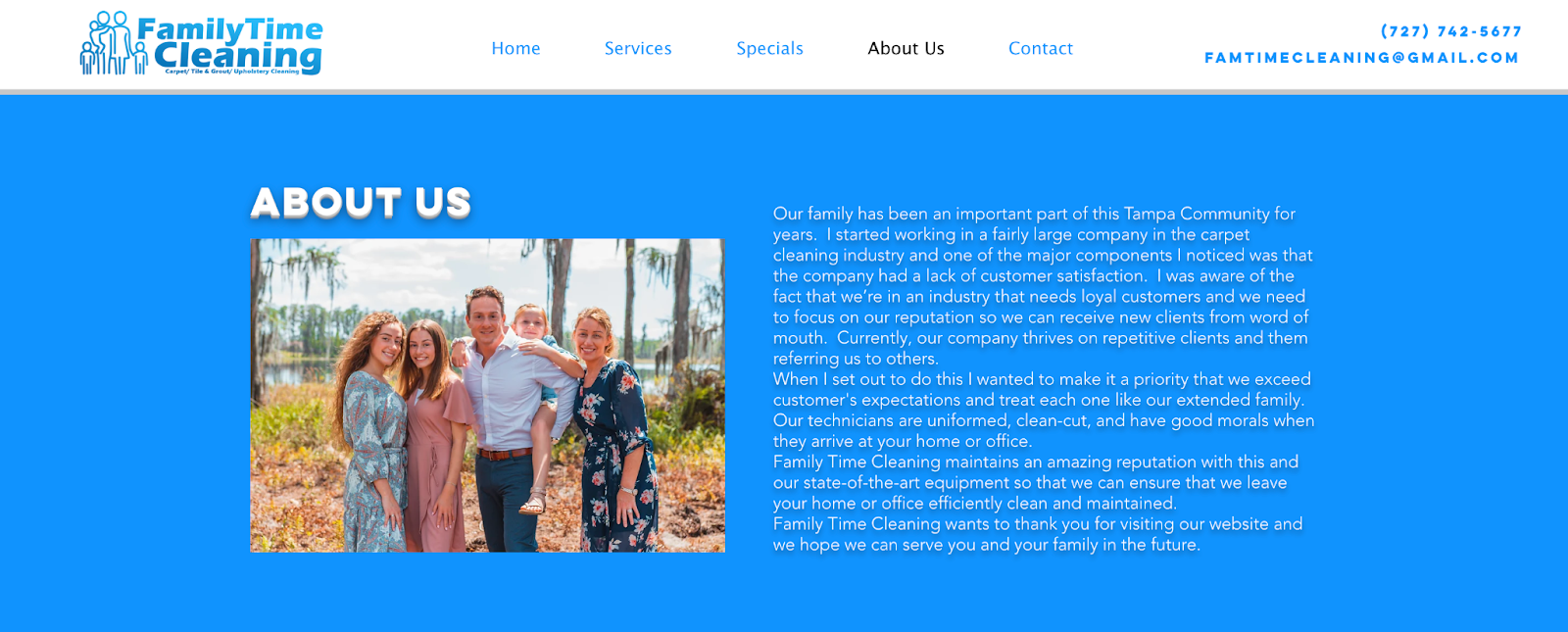 Carpet cleaning website example from Family Time Carpet Cleaning.
