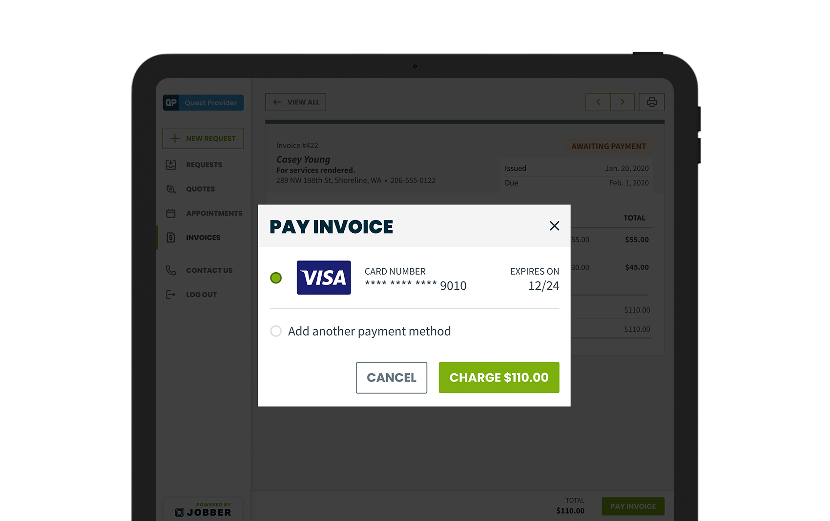 A tablet showing an online payment being made through Jobber's Client Hub.