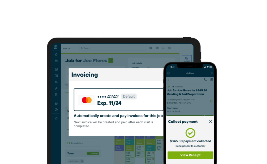 Mobile screens displaying Jobber's instant credit card processing software