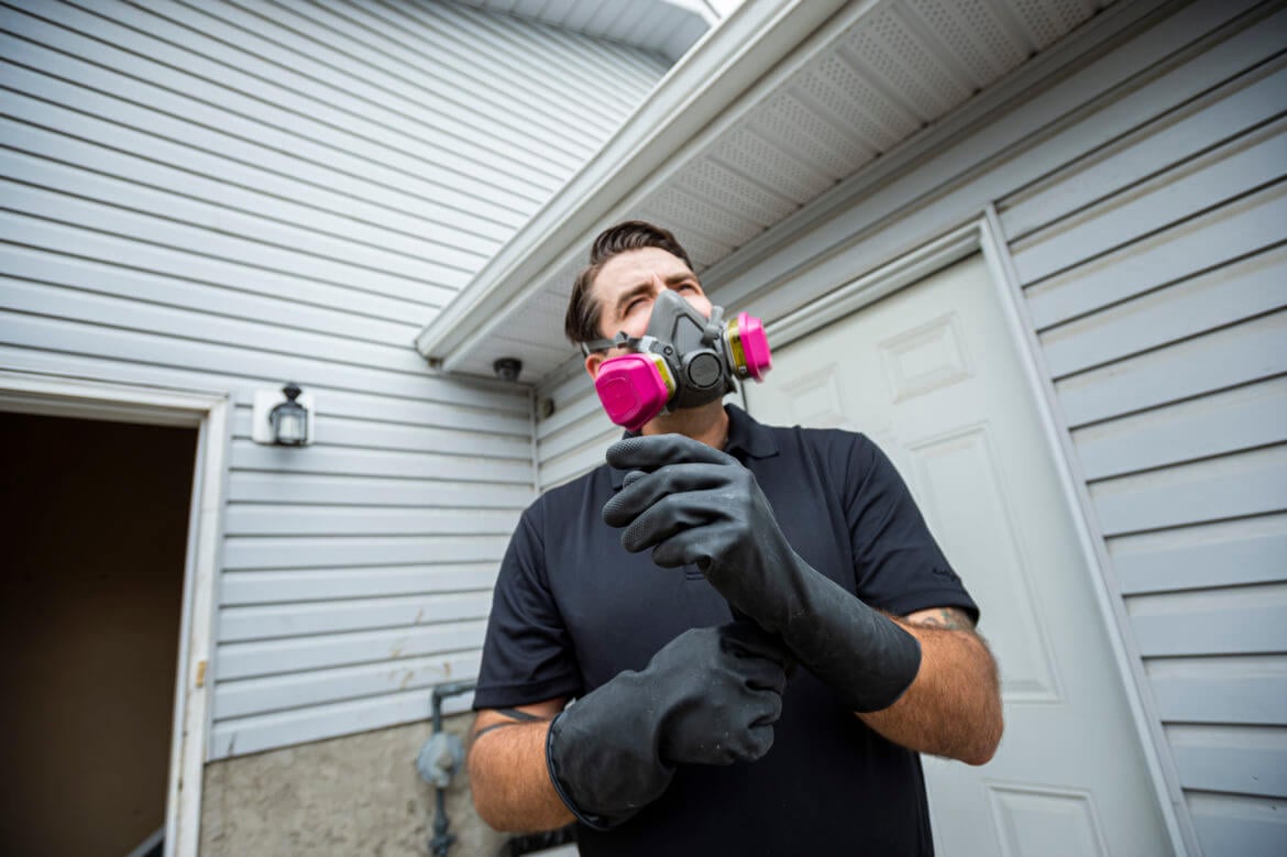Pest control worker wearing a respirator