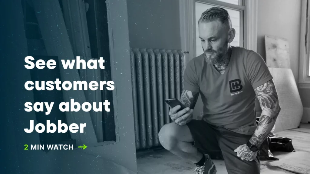 one handyman checking his field service app with text that says See what customers say about Jobber YouTube video
