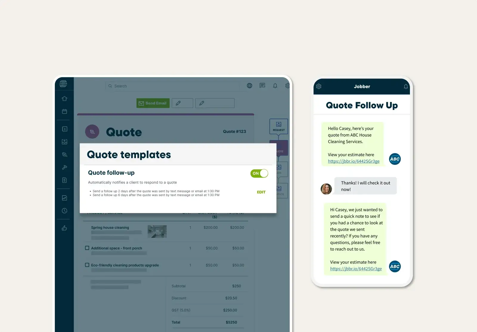Quote follow-up settings and examples in Jobber