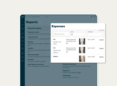 Expense report in Jobber showing expense details and uploaded receipt images