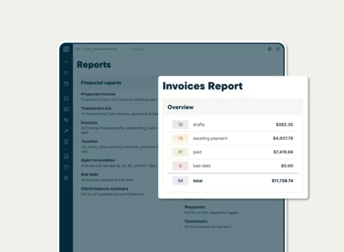 An invoices report in Jobber showing invoice balances at all stages