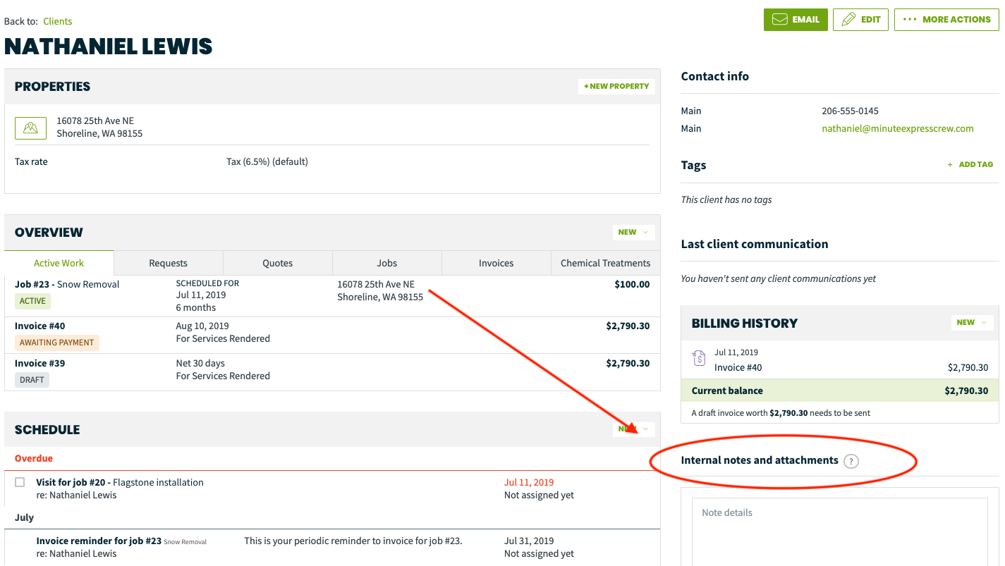 image of internal notes and attachments on client file in Jobber