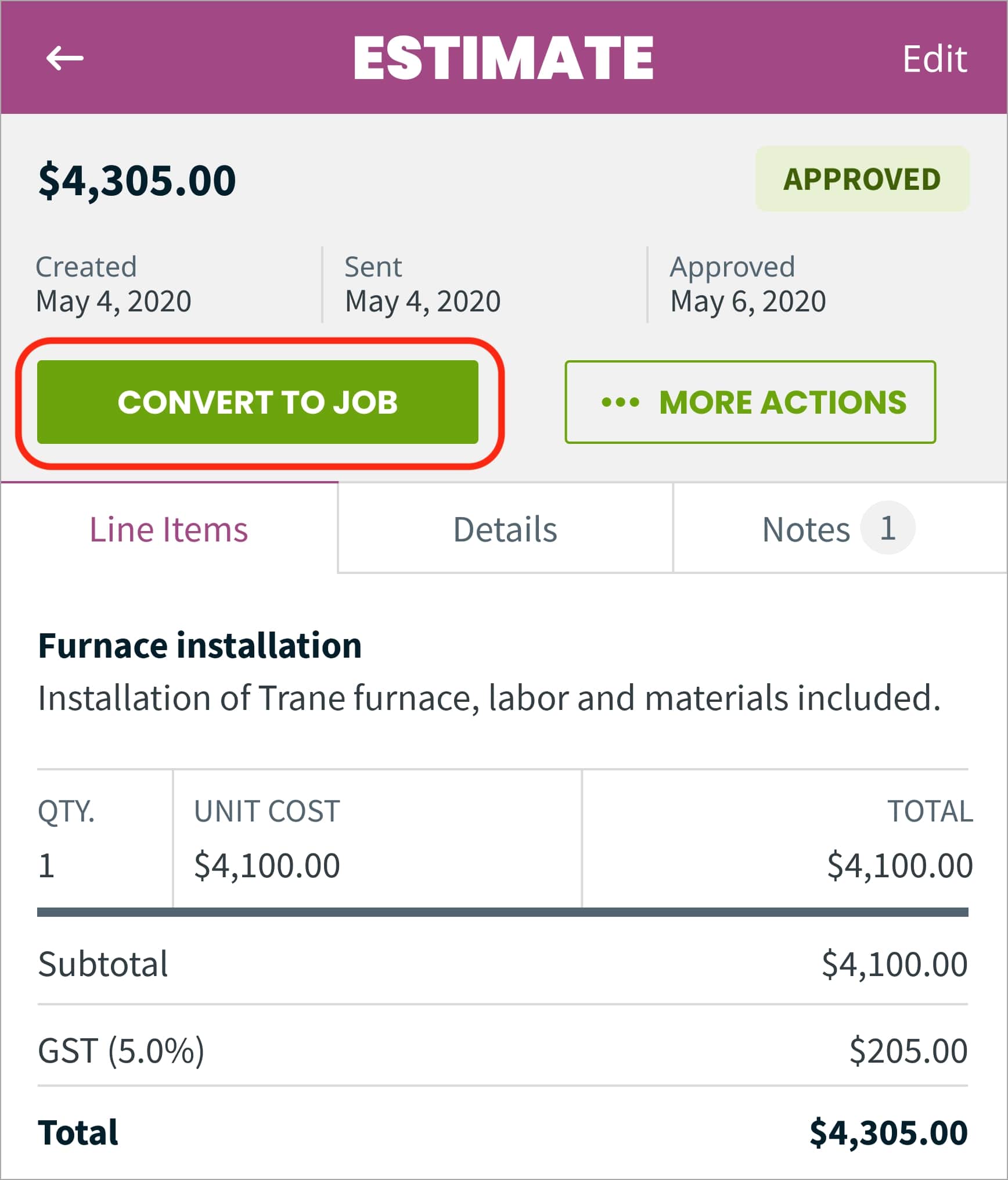 Example of an approved HVAC estimate that you can convert to a job in Jobber's quote management software