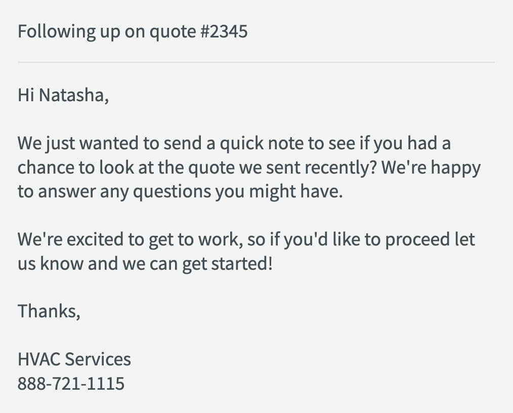 Example of an HVAC quote follow-up email automatically created in Jobber
