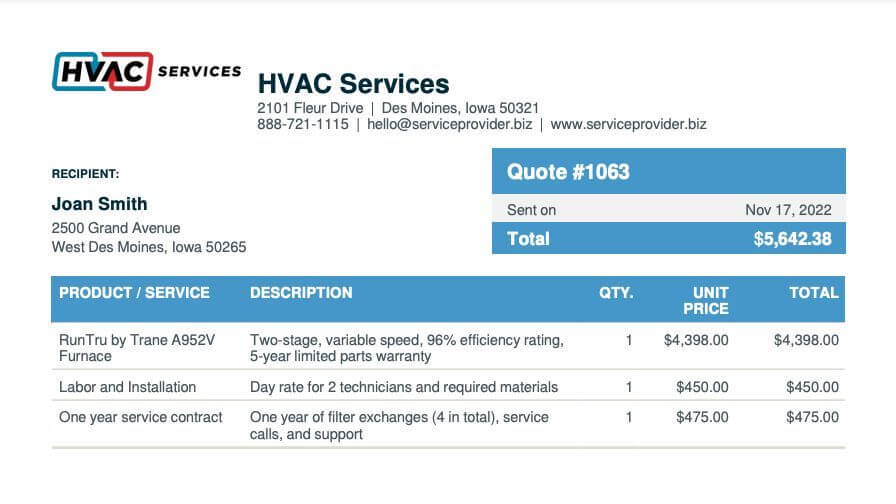 Preview of an HVAC estimate made in Jobber