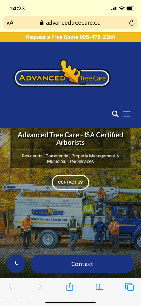 image of tree care website on mobile device