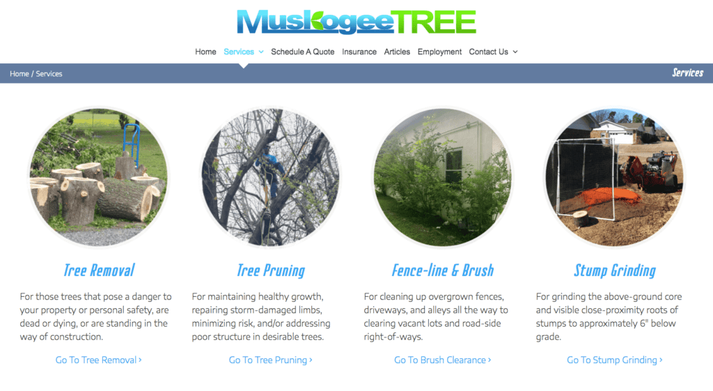 image of tree service website services page