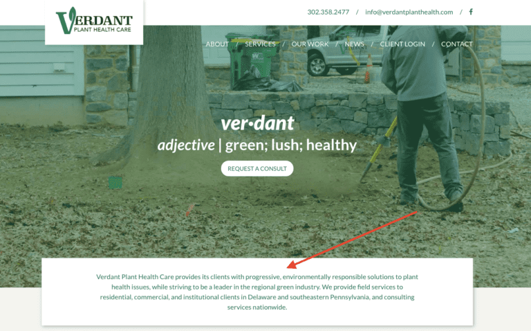 Image of Verdant Plant health care's website environmentally responsible services