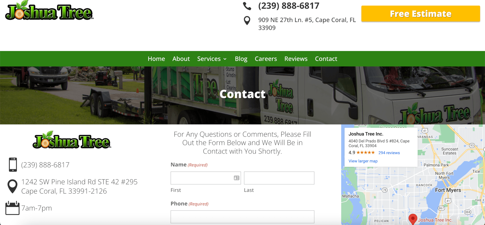 image of Joshua Tree website contact page