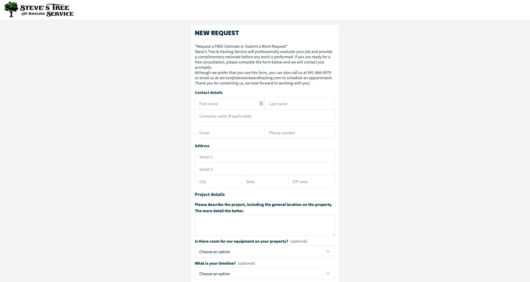 image of Steve's Tree and Hauling Service online booking form