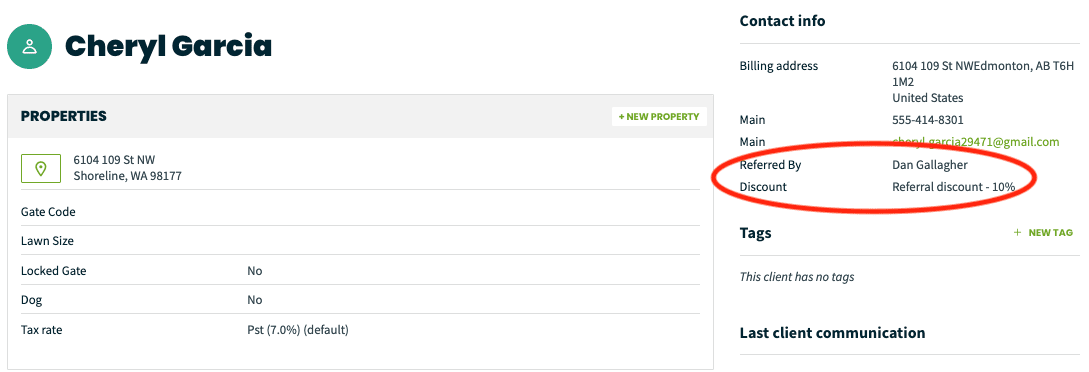 image of referred by and discount in Jobber's CRM