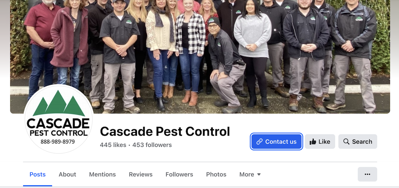 Pest control FaceBook business page with a contact button