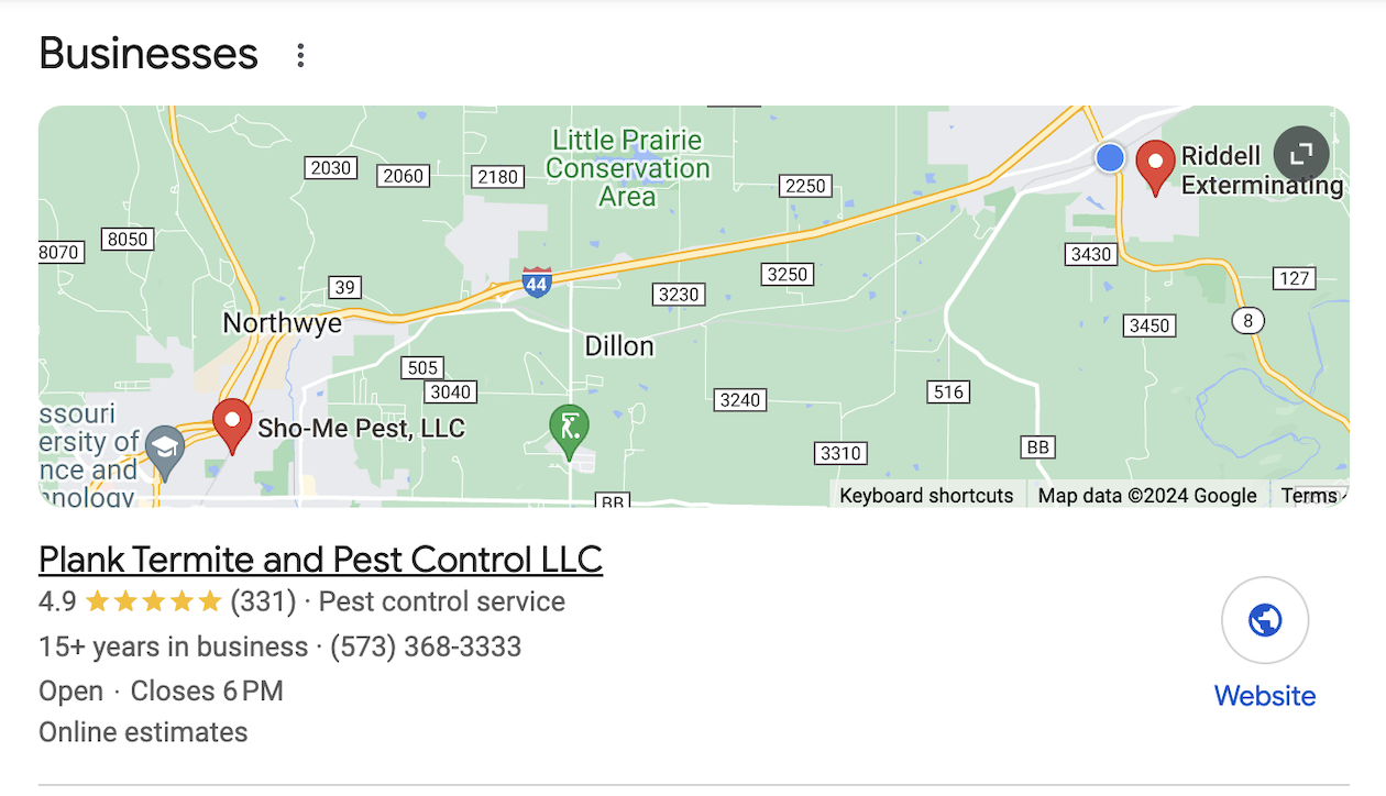 Pest control Google Business Profile on Google Maps