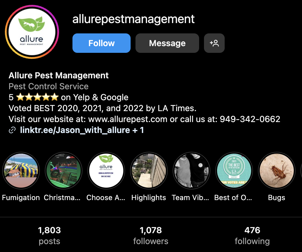 Pest control business Instagram profile