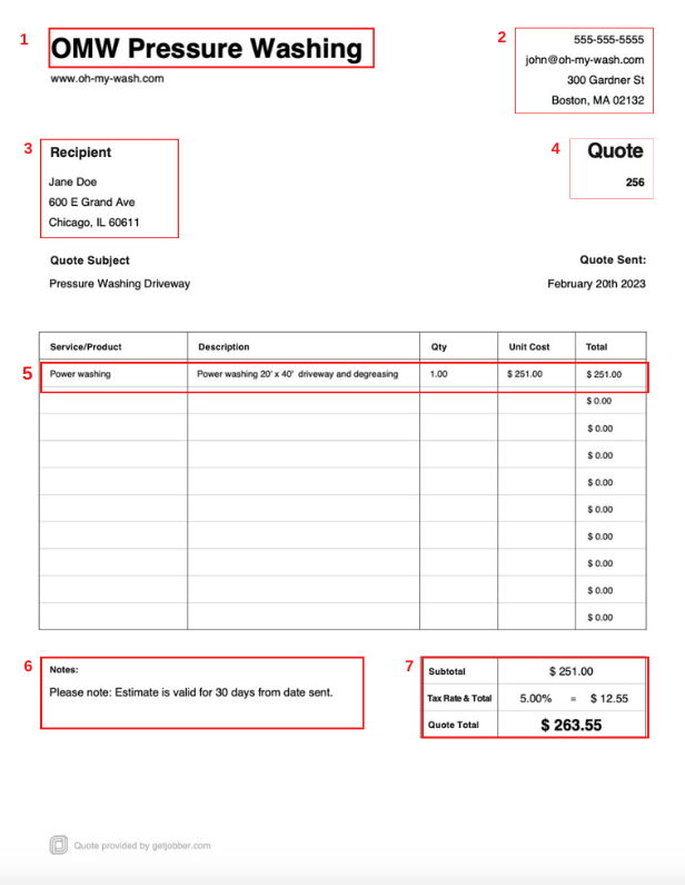 annotated pressure washing estimate template image