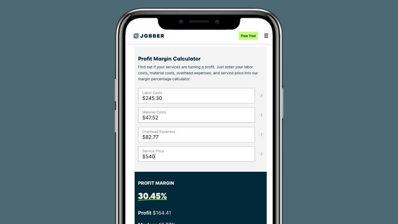 Preview of Jobber's profit margin calculator on a mobile phone screen