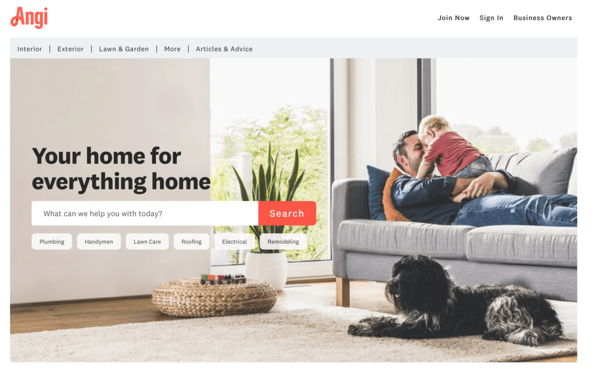 Homepage of the Angi website for home contractors