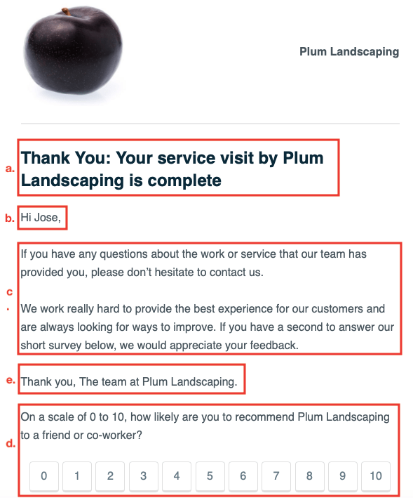 image of an annotated job follow up email from a service provider to a customer