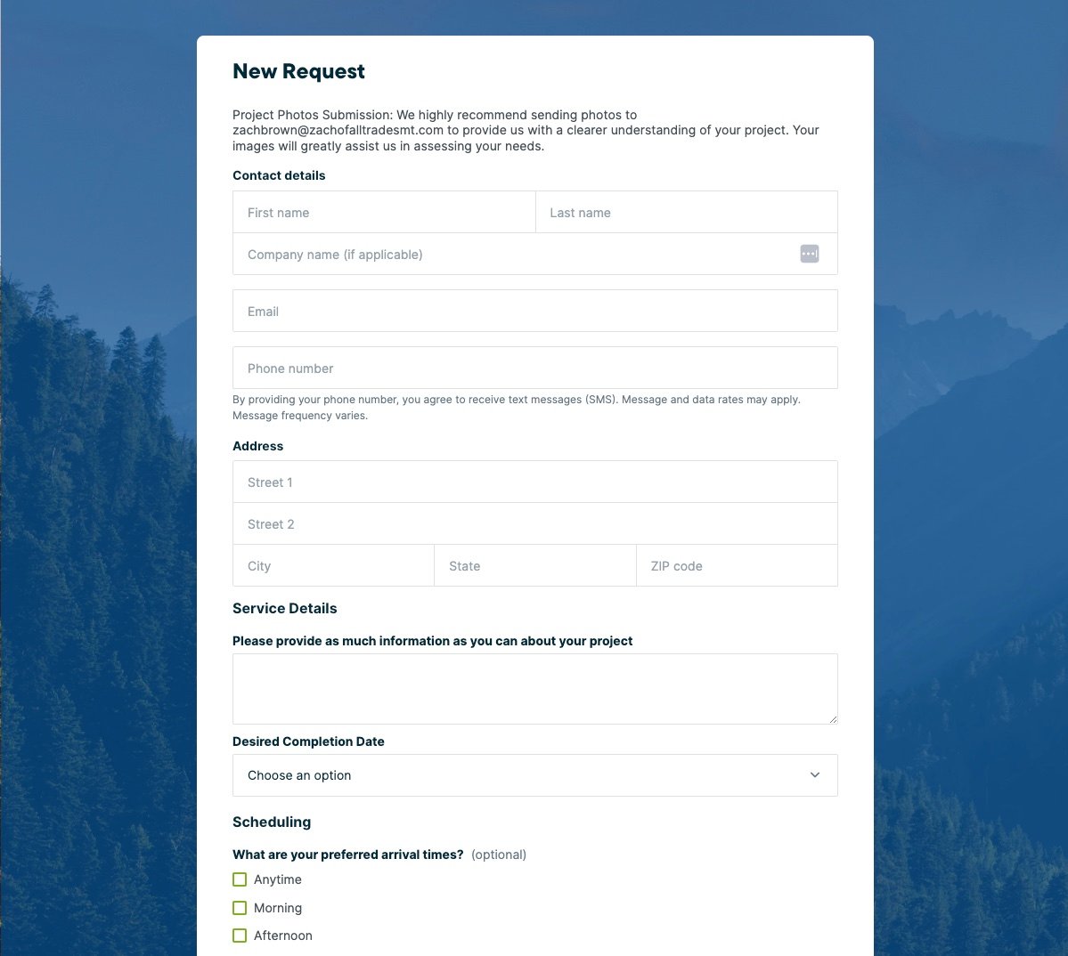 image of Jobber's quote request form on Zach of all Trades' website