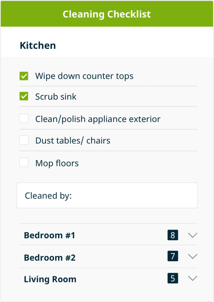 screenshot of cleaning checklist with room-specific tasks