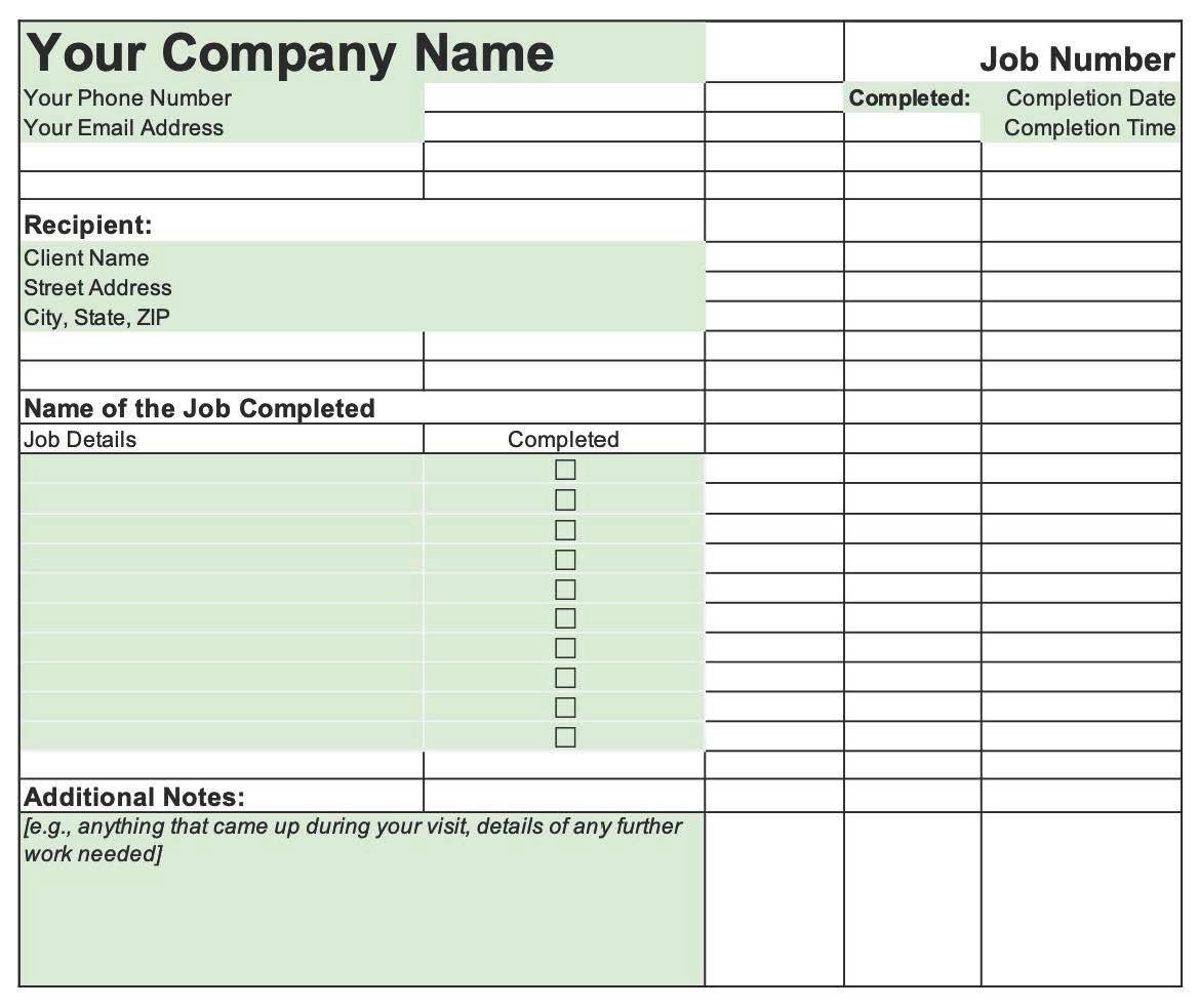 Excel Job completion form template